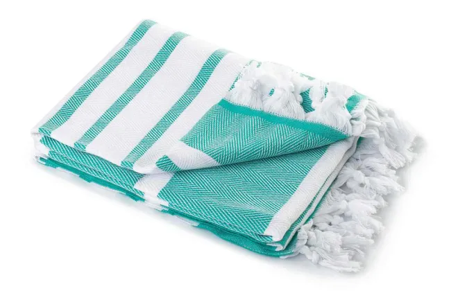 Ręcznik plażowy 100x180 Hamam turkusowy biały pasy frędzle bawełniany kąpielowy 210g/m2