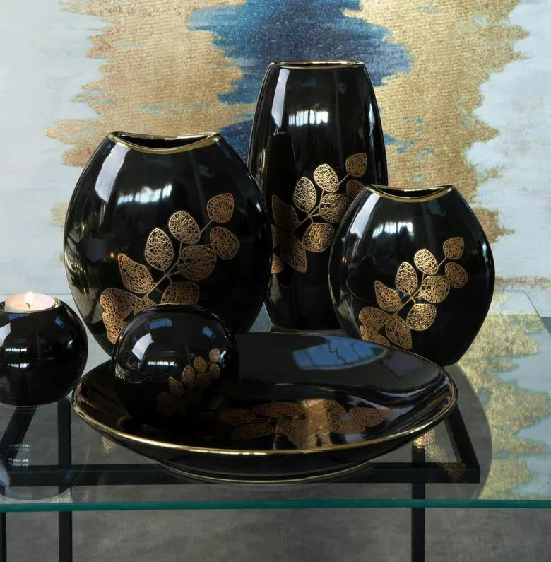 Kula ceramiczna Erika 01 9x9x9 czarna złota liście dekoracyjna Eurofirany