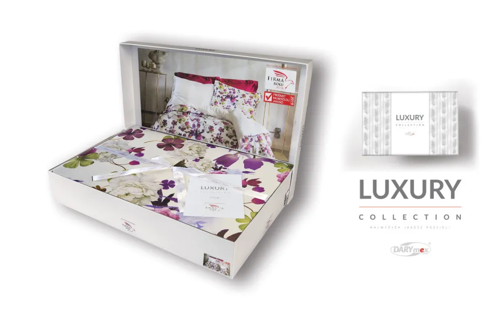 Pościel satynowa 160x200 Kalina kwiaty fioletowa kremowa Luxury Premium Darymex