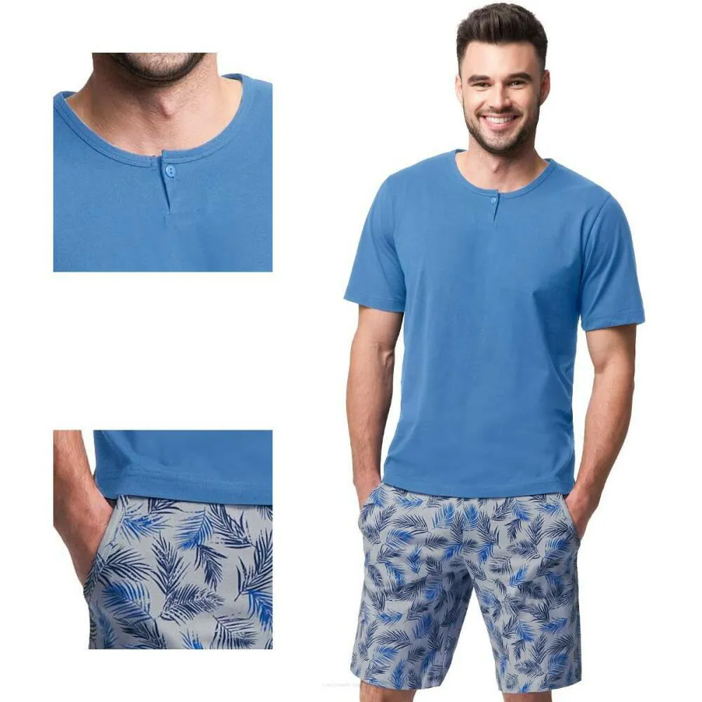 Piżama męska 730 niebieska szara XXL liście egzotyczne krótka bawełniana