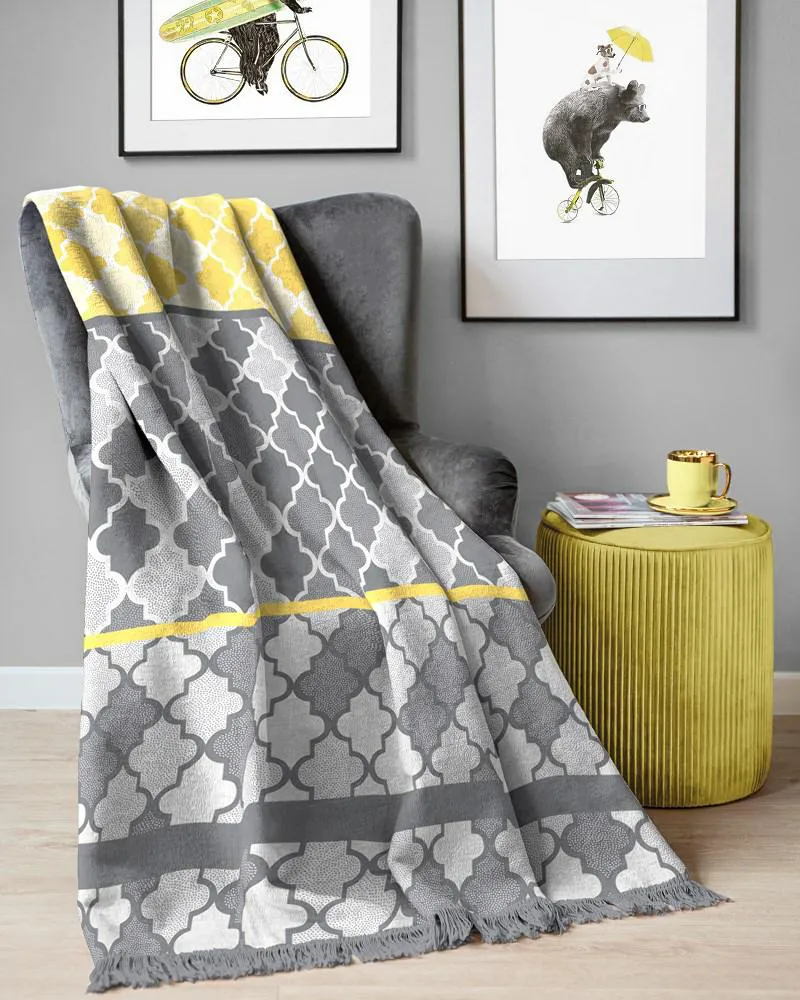 Koc bawełniany akrylowy 150x200 szary żółty maroko romby geometria z frędzlami 067 JB na łóżko turecki 123