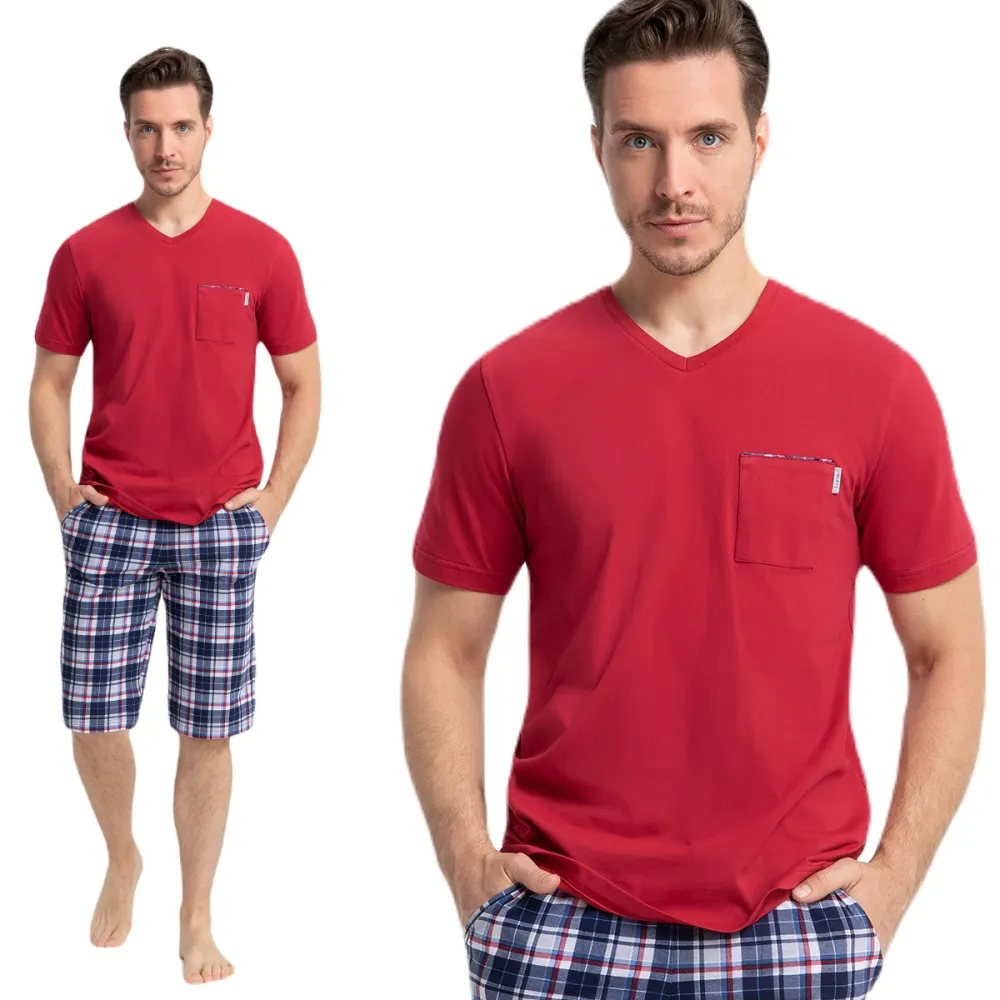 Piżama męska krótka 796 bordowa spodnie   krata kieszenie rozmiar: L