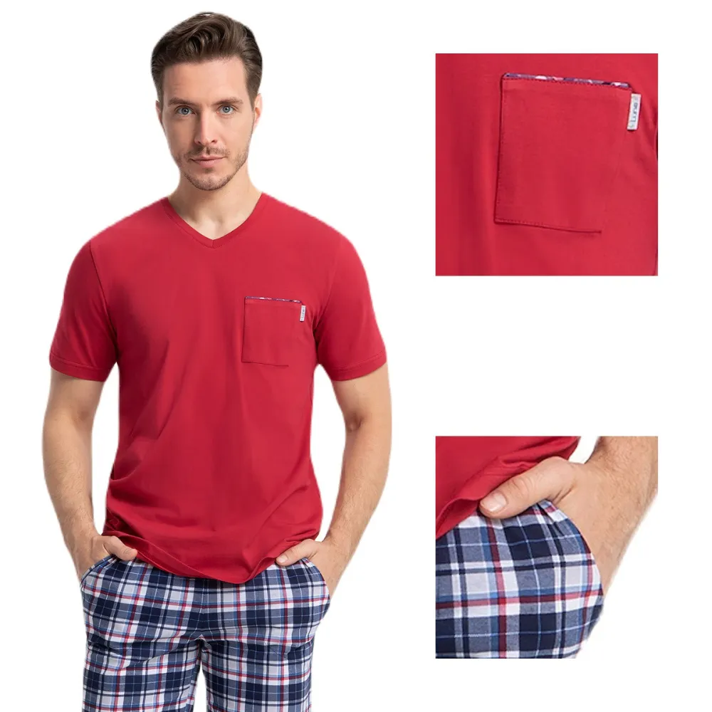 Piżama męska krótka 796 bordowa spodnie   krata kieszenie rozmiar: L