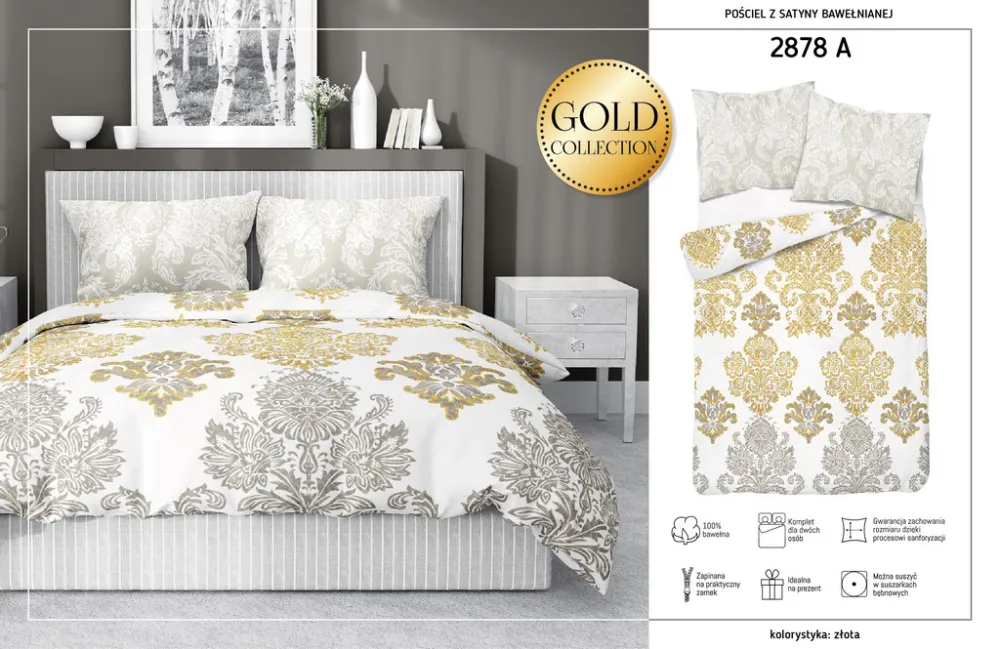 Pościel satynowa 220x200 Glamour orientalna ornamenty złota beżowa biała 2878 A Fashion Satin