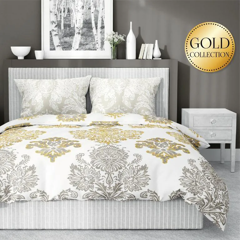 Pościel satynowa 220x200 Glamour orientalna ornamenty złota beżowa biała 2878 A Fashion Satin