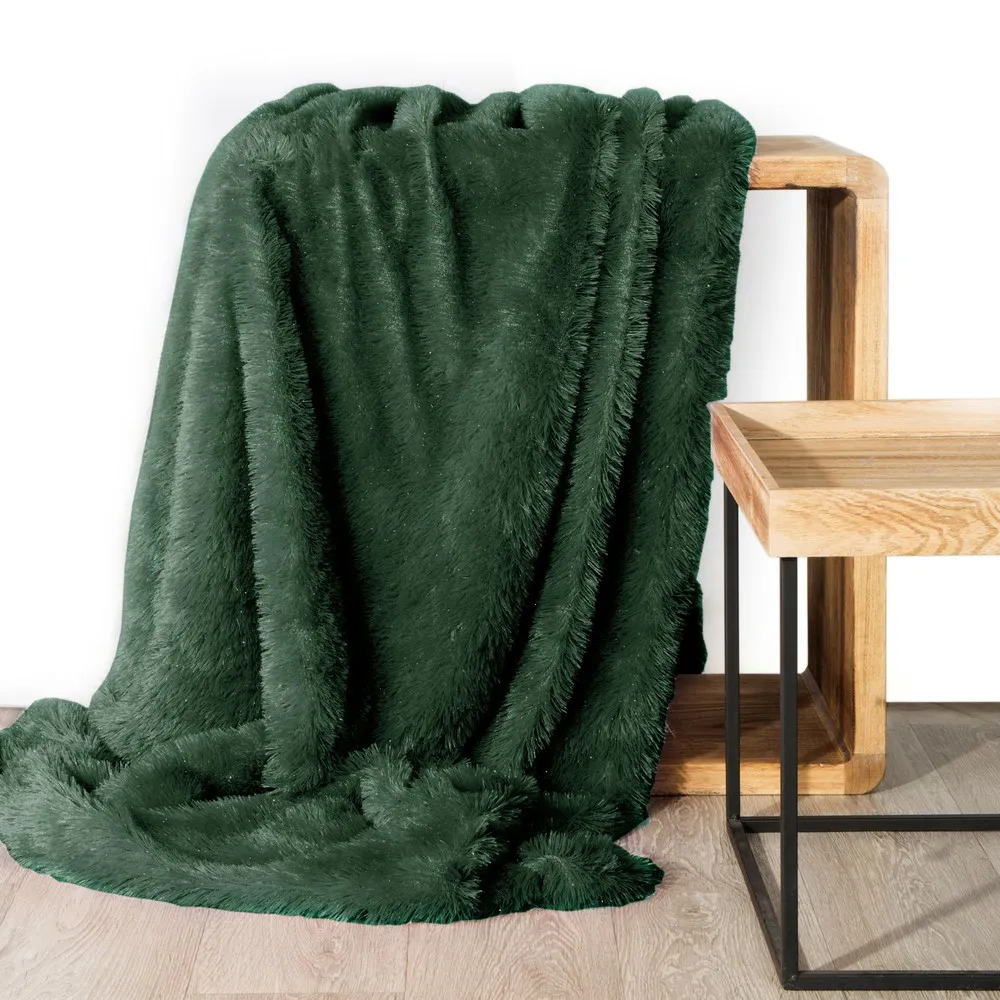 Koc narzuta 70x160 Tiffany na fotel zielony ciemny włochacz