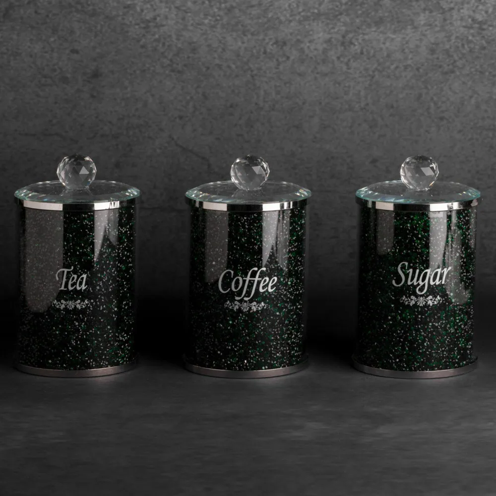 Komplet pojemników Ventosa 3szt. 10x17 kawa herbata cukier zielony czarny do przechowywania z kryształkami w stylu glamour Eurofirany