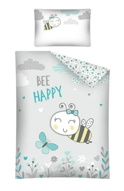 Pościel dziecięca 100x135 Pszczółka biała szara turkusowa pszczółki do łóżeczka dwustronna 2816 B