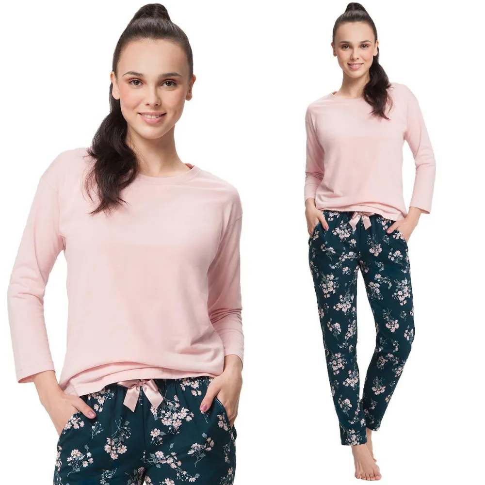 Piżama damska 645 różowa róże XL rękaw 7/8 spodnie długie bawełniana