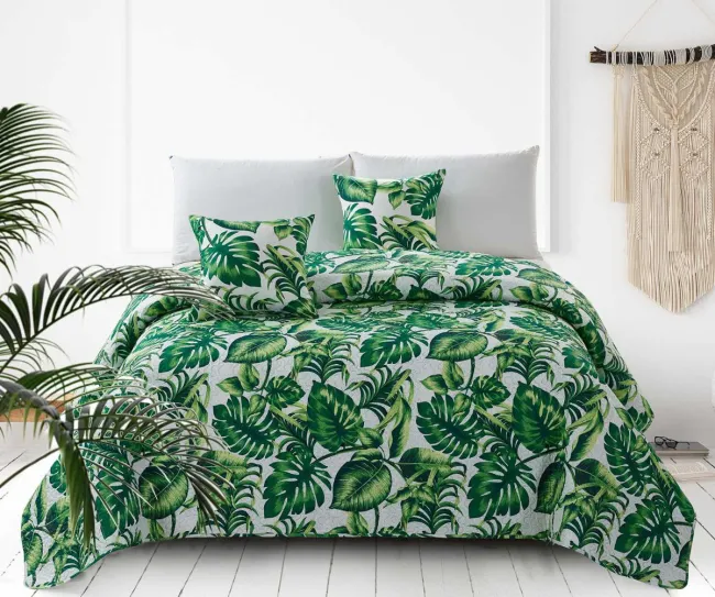 Narzuta dekoracyjna 240x220 biała  zielona liście monstera palmy pikowana Palms