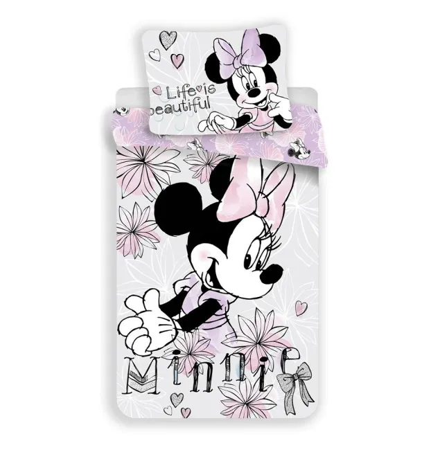 Pościel bawełniana 140x200 Myszka Mini Minnie Mouse kwiatki szara różowa grey 3051 poszewka 70x90