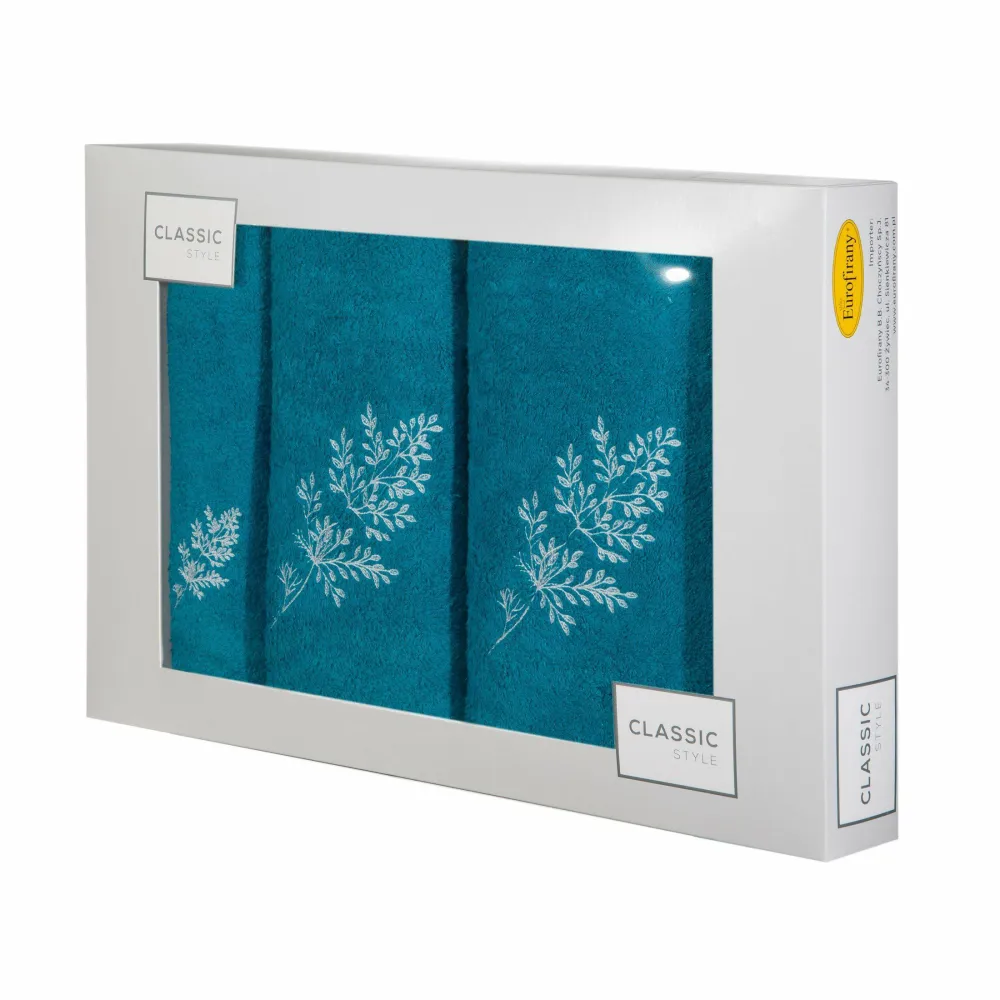 Komplet ręczników w pudełku 3 szt turkusowy srebrny kwiatki 380g/m2 Kamil Eurofirany