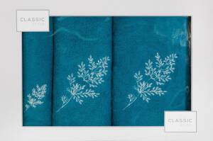 Komplet ręczników w pudełku 3 szt turkusowy srebrny kwiatki 380g/m2 Kamil Eurofirany