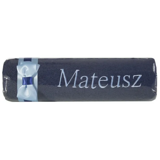 Ręcznik z haftem 50x90 Mateusz niebieski granatowa  kokarda na prezent imieninowy