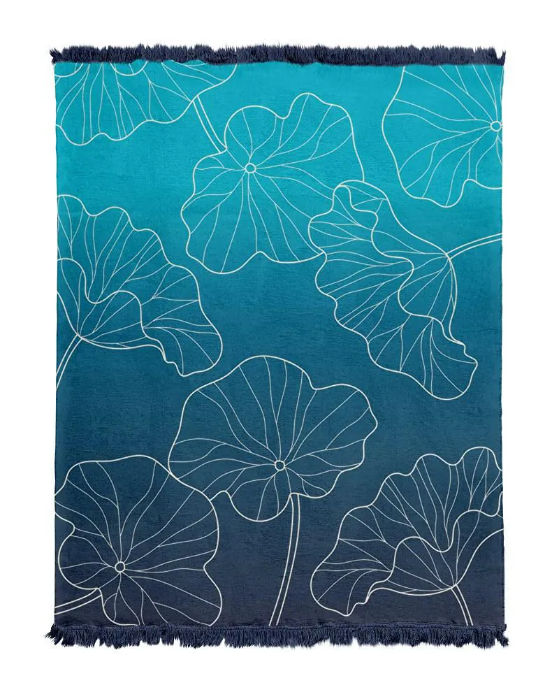 Koc bawełniany akrylowy 150x200           niebieski liście z frędzlami 115ajb