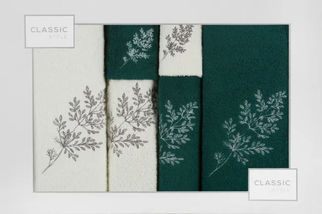 Komplet ręczników w pudełku 6 szt Kamil kremowy zielony ciemny kwiatki liście gałązki 380g/m2 Eurofirany