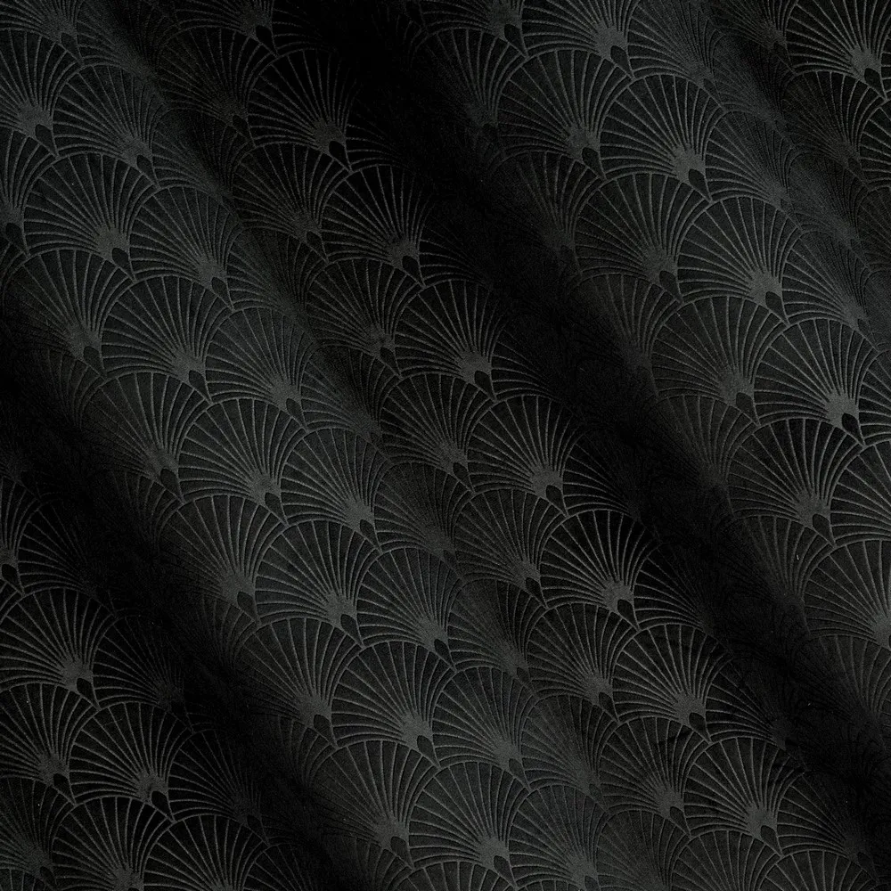 Zasłona 140x250 Julia czarna gotowa na przelotkach welwetowa z wytłaczanym geometrycznym wzorem wachlarzy Eurofirany