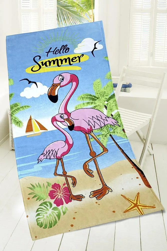 Ręcznik plażowy 75x150 Hello Summer  flamingi niebieski różowy Plaża 23