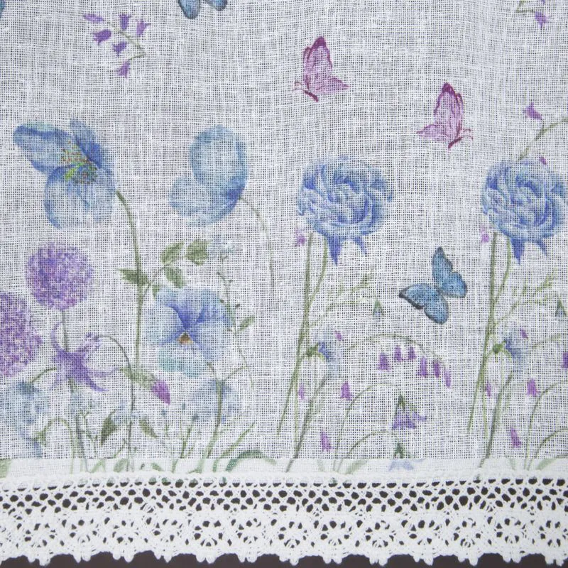 Zazdroska 30x150 Zoja biała niebieska gotowa na tunel wzór kwiatowy motylki  z matowej tkaniny z koronką Eurofirany