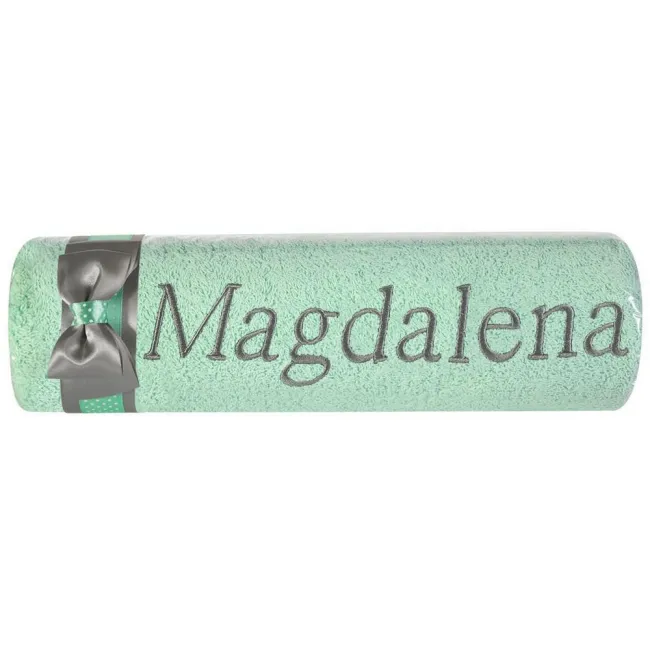 Ręcznik z haftem 50x90 Magdalena miętowy szara kokarda na prezent imieninowy