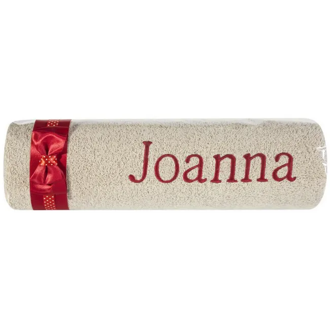 Ręcznik z haftem 50x90 Joanna beżowy bordowa kokarda na prezent imieninowy