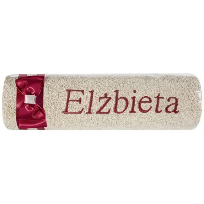 Ręcznik z haftem 50x90 Elżbieta beżowy bordowa kokarda na prezent imieninowy