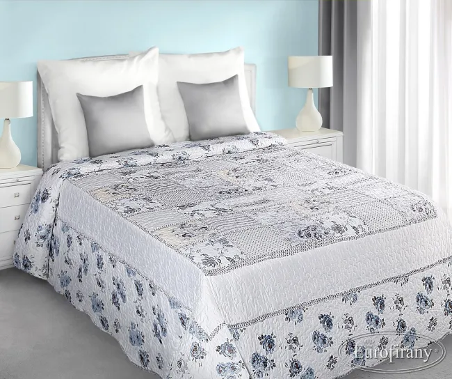 Narzuta na łóżko 220x240 Ginny biała stalowa kwiaty patchwork Eurofirany