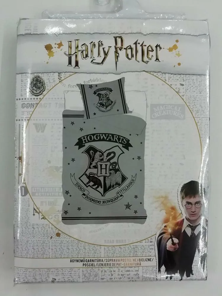 Pościel młodzieżowa 140x200 Harry Potter Herb Hogwarts szara poszewka 70x90 dwustronna