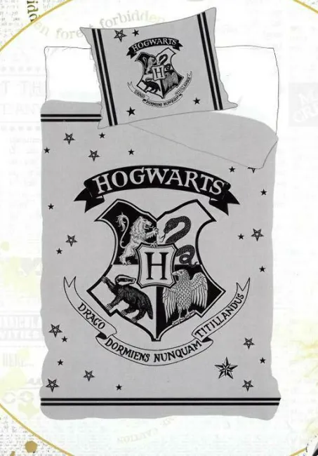 Pościel młodzieżowa 140x200 Harry Potter Herb Hogwarts szara poszewka 70x90 dwustronna