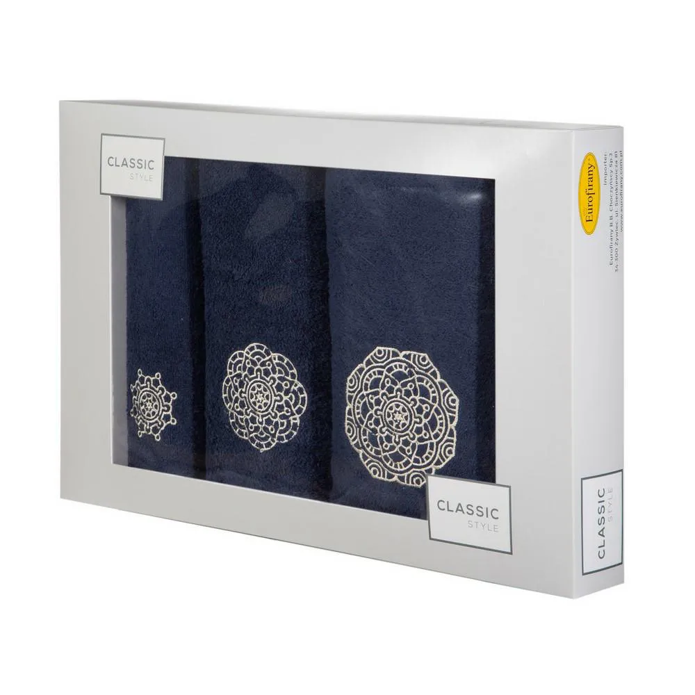 Komplet ręczników w pudełku 3 szt granatowy szampański Mandala 380g/m2 Eurofirany