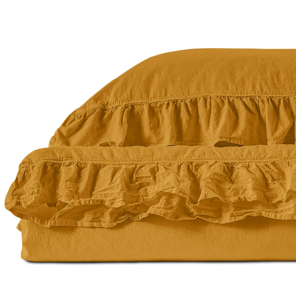 Pościel bawełniana 220x200 żółta          z falbanką jednobarwna w pudełku jednobarwna Stonewashed Narcissue