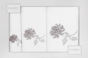Komplet ręczników w pudełku 3 szt biały grafitowy kwiat gałązka Floris 380g/m2 Eurofirany