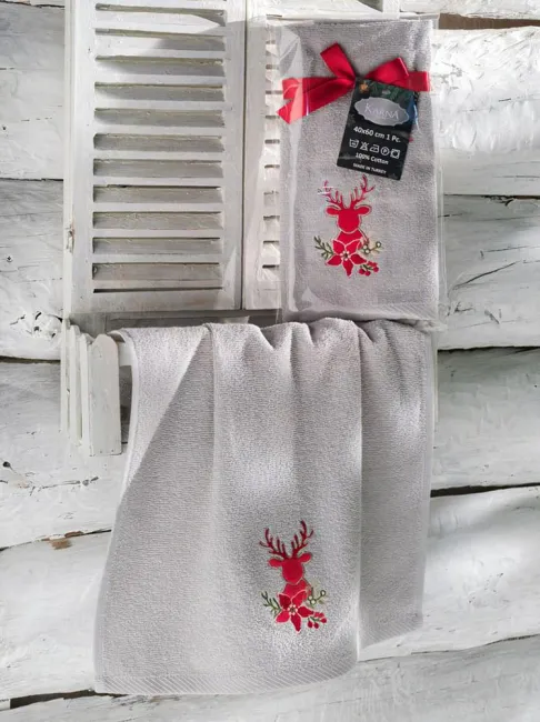Ręcznik kuchenny świąteczny 40x60 Noel szary renifer czerwony haftowany