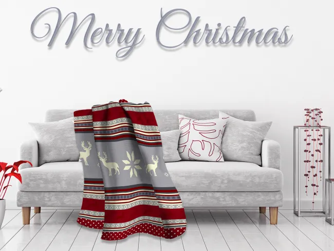 Koc bawełniany akrylowy 150x200 18403 A świąteczny Merry Christmas renifery snieżki szary bordowy