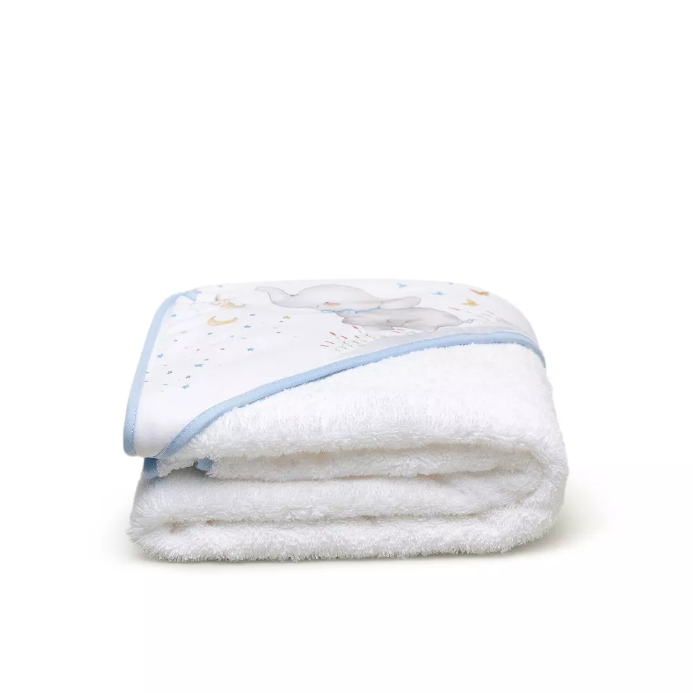 Okrycie kąpielowe 100x100 Słoń biały  niebieski ręcznik z kapturkiem + przytulanka