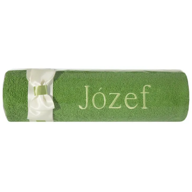 Ręcznik z haftem 50x90 Józef zielony kremowy kokarda na prezent imieninowy