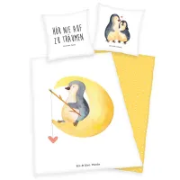 Pościel bawełniana 140x200 Pingwin Mr& Mrs Panda biała żółta poszewka 70x90 H23
