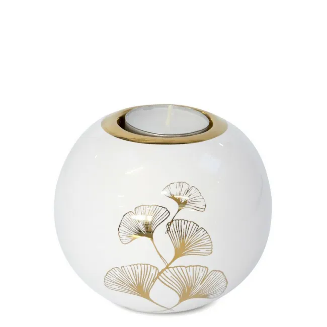 Świecznik ceramiczny 10x9 Ginko 1 biały złoty liście miłorzębu Eurofirany
