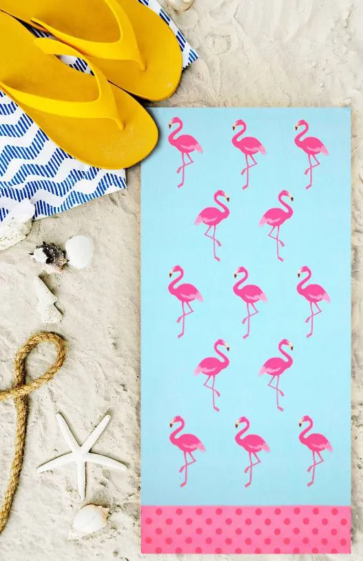Ręcznik plażowy 86x170 XXL Monica 01 Flamingi błękitny różowy mikrofibra 270g/m2 kąpielowy
