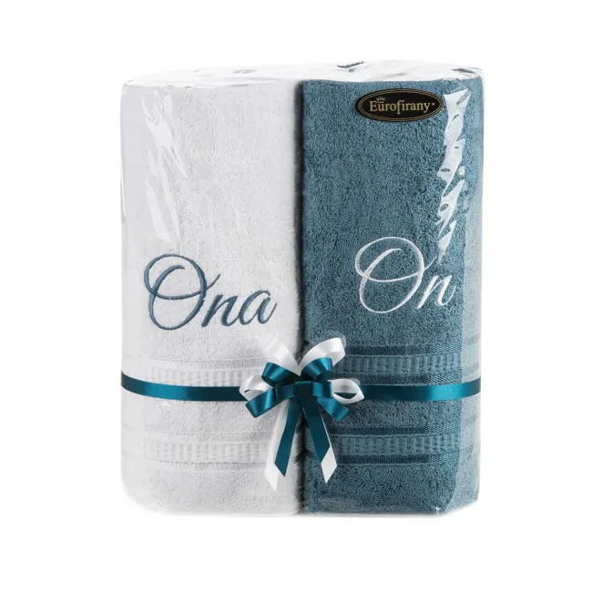 Komplet ręczników 2szt T/0408 biały niebieski On Ona zestaw upominkowy na prezent Eurofirany