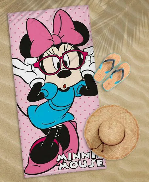 Ręcznik plażowy 70x140 Myszka Mini różowy groszki okulary 2627 bawełniany dziecięcy Minnie Mouse