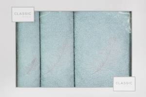 Komplet ręczników w pudełku 3 szt miętowy srebrny piórka 380g/m2 Nadia Eurofirany