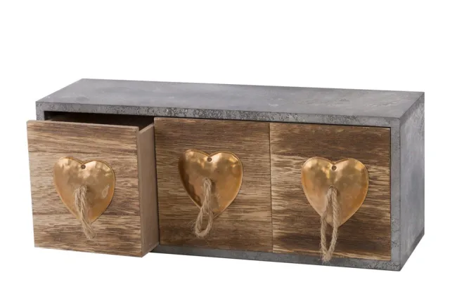 Pudełko dekoracyjne 32x10x13 Heart 4 drewniane szare z szufladkami serca