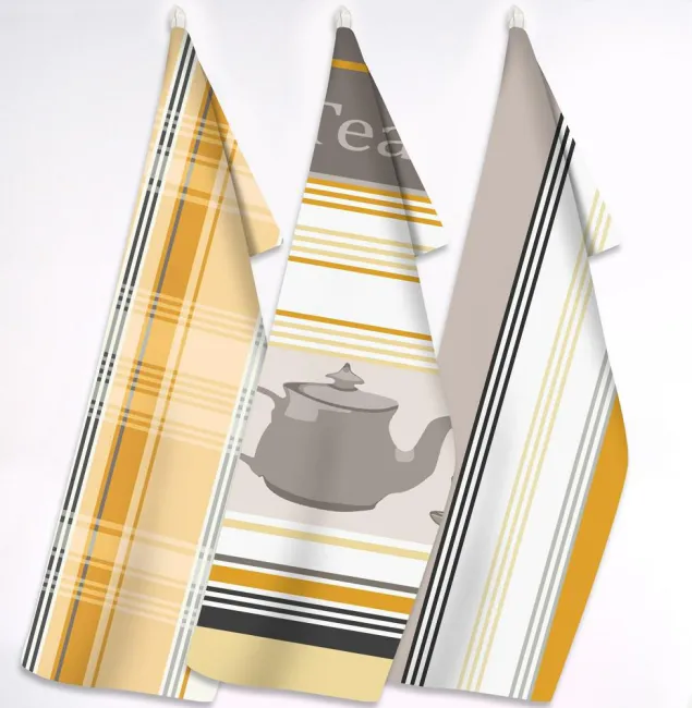 Komplet ścierek kuchennych Exclusive 3 szt. Tea Time czajniczek harbata krata pasy pomarańczowy szary 230g/m2 Greno