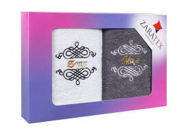 Komplet ręczników w pudełku 2 szt Mąż Żona biały grafitowy 2/70x140 400g/m2