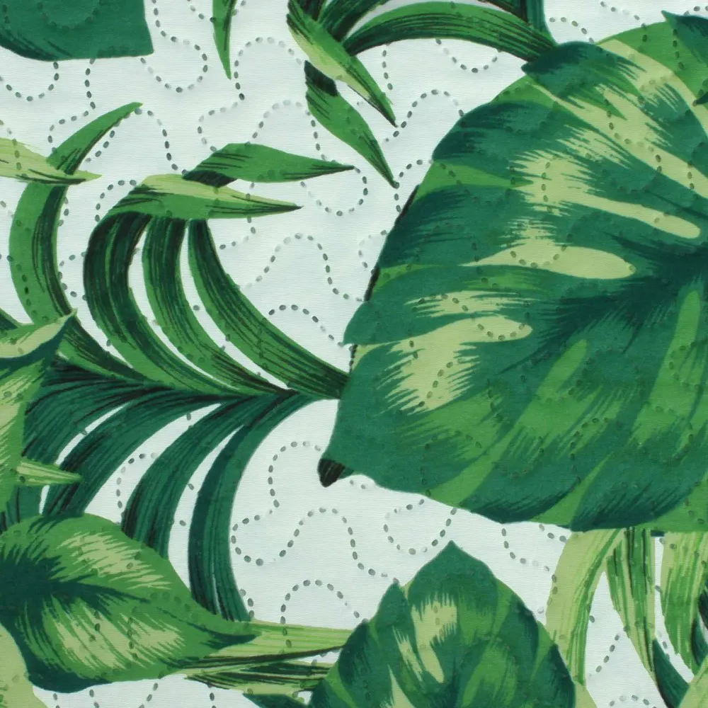 Narzuta dekoracyjna 140x200 biała         zielona liście monstera palmy pikowana Palms