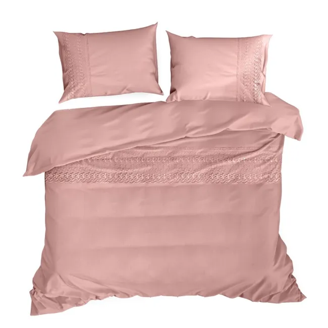 Pościel bawełniana 160x200 Lana 2 pudrowa różowa z koronką haftowana jednobarwna Premium Eurofirany