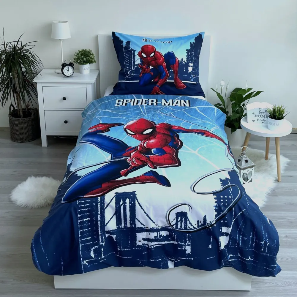 Pościel bawełniana 140x200 Spider-man     człowiek pająk niebieska poszewka 70x90 JF 02