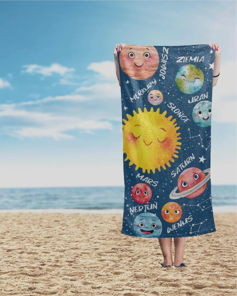 Ręcznik plażowy 70x140 Planety 93  niebieski kolorowy dziecięcy bawełniany