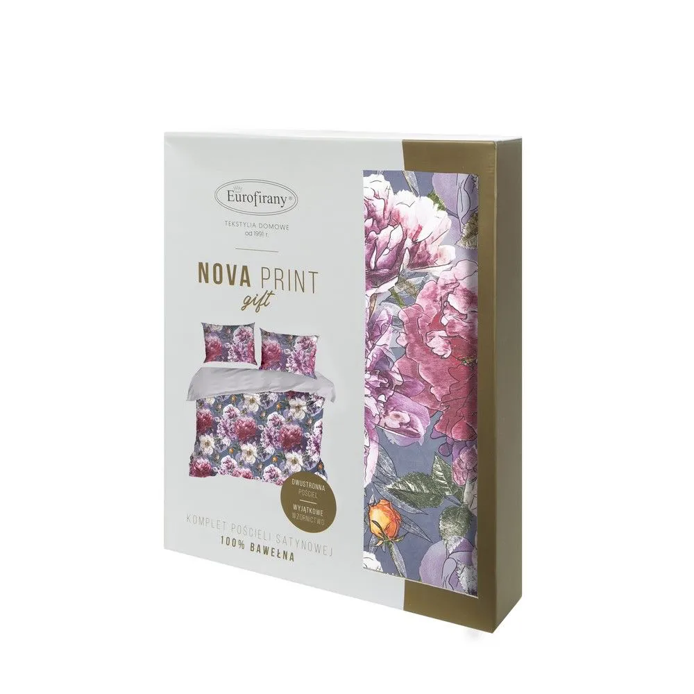 Pościel satynowa 160x200 Peonie kwiaty malowane szara fioletowa czerwona zielona roślinna w pudełku Peonia Nova Print Gift Eurofirany